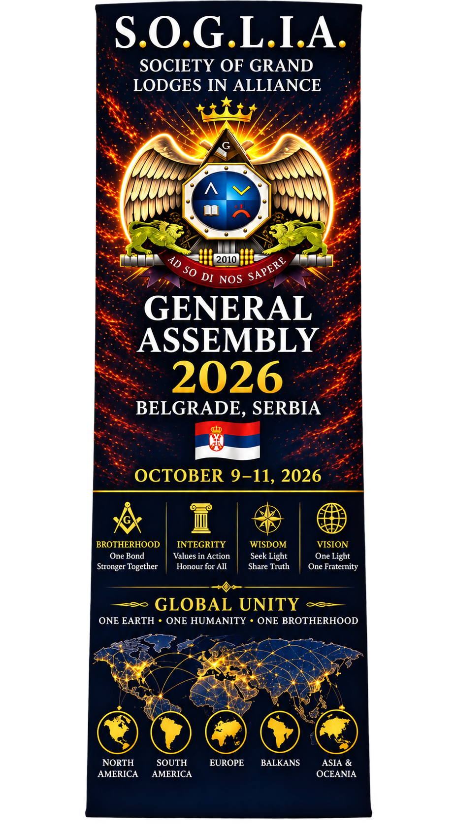Vertikalni baner S.O.G.L.I.A. Generalne skupštine 2026 — Beograd, Srbija, 9–11. oktobar